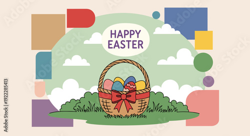A decorative Easter basket filled with colorful eggs in a fun cartoon vector style, perfect for holiday greetings and seasonal celebrations