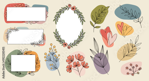 A collection of floral and botanical elements including frames, leaves, and decorative shapes in a colorful vector style, perfect for creative projects and invitations