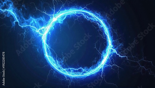 a glowing ring of crackling blue lightning suspended in darkness, arcs sparking outward with intense electric energy
