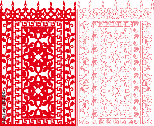 Red Traditional Floral Geometric Laser Cut Panel with Greek Key Border and Ornamental Pattern Design