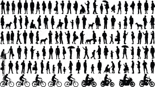 Black silhouettes of people walking standing and riding bicycles and motorcycles on white background