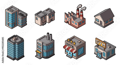 A collection of modern city buildings including factories, hotels, and gyms in colorful flat vector style, ideal for urban design projects