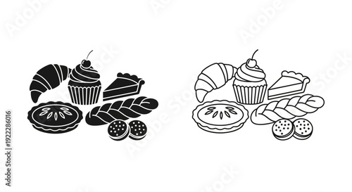 Assorted baked goods and desserts on plates and trays, illustrated in black and white Vector