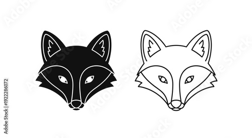 Fox and raccoon heads, animal faces, wildlife art, nature illustration, black and white Vector