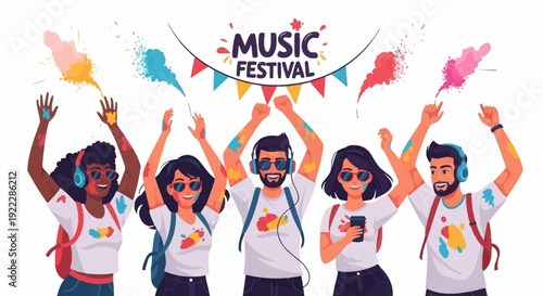 Vector illustration of people celebrating a music festival with colorful powder and decorations, conveying a joyful and lively vibe with a silhouette of four people.
