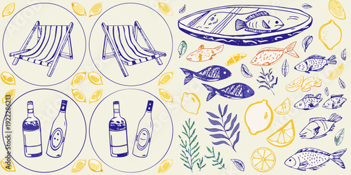 Summer still life with beach chairs fish lemons and wine bottles