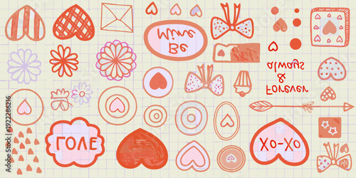 Colorful doodle collection featuring hearts flowers and playful handwritten notes