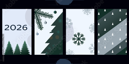Festive seasonal design featuring winter trees snowflakes and holiday ornaments