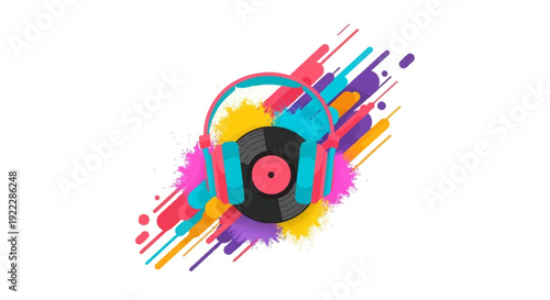 Vibrant illustration of a colorful headphone with a vinyl record, surrounded by dynamic brushstrokes, conveying a lively Holi Music Festival vibe with a DJ party atmosphere.