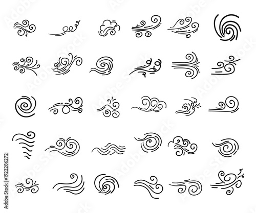 wind hand drawn doodle sketch of wind gust cartoon black tin icon set collection