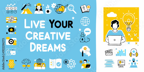 Colorful illustration promoting creativity dreams and innovation with icons
