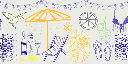 A playful summer scene with beach elements and hand drawn illustrations