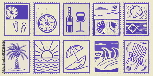 Collection of vintage style postage stamps featuring summer themes