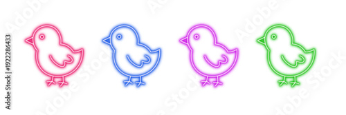 Neon glowing chick vector icons set, baby birds, poultry, easter symbols, spring animal, vibrant colorful digital design illustration on transparent background.