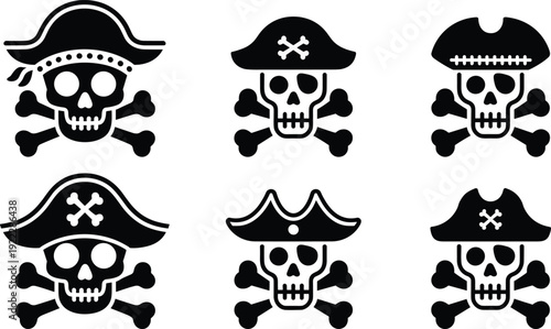 Set of pirate skull emoji and crossbones icons with different hats and expressions face