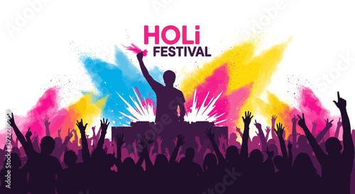A vibrant Holi Music Festival scene with a DJ party surrounded by colorful powder and silhouette of people celebrating in a joyful atmosphere.