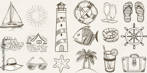 Vintage summer themed sketches including a sailboat lighthouse and beach items