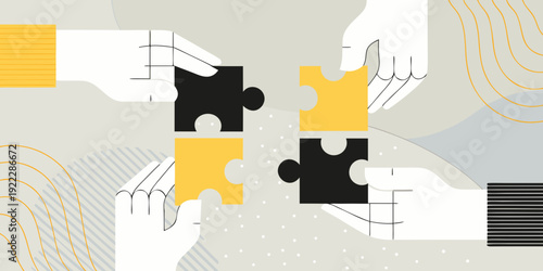 Hands connecting puzzle pieces representing collaboration and teamwork