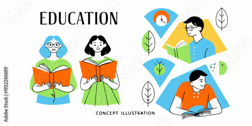 Students reading books representing the concept of education and learning