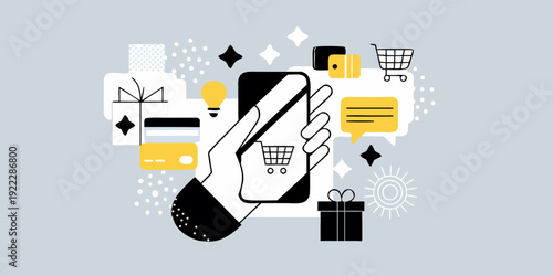 Digital shopping illustration featuring a hand holding a smartphone