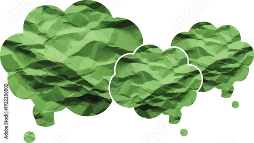 Abstract Green Crumpled Paper Speech Bubbles Vector Illustration Set. Textured design representing eco-friendly communication, ideas, and discussion concepts.
