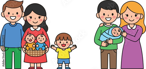 Happy family illustration set featuring parents with multiple children, including twins and a newborn baby. Cartoon vector graphic depicting different family structures and parenting.