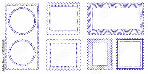 Collection of vintage style postage stamp frame designs in blue