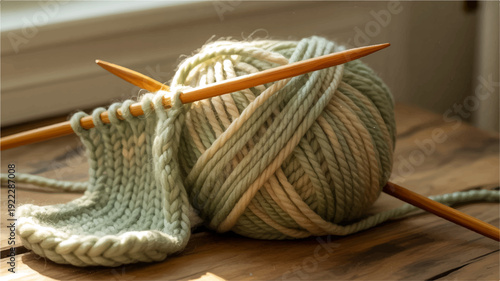 Knitting ball of yarn and half finished sock with wooden needles on rustic wooden table by window