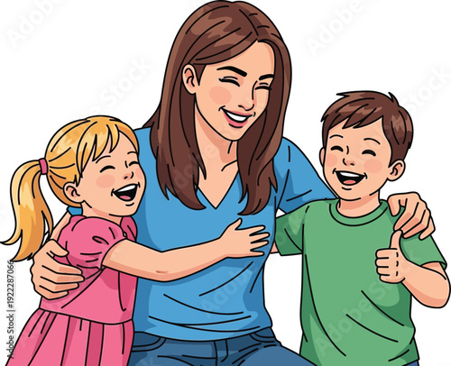 Happy mother embracing her two children, a smiling boy and girl, in a loving family hug, representing care, parenting, and childhood joy, cartoon vector illustration.