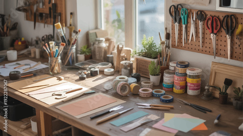 Cluttered art studio workspace with supplies and tools on a wooden table near a window