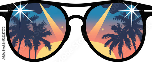 Trendy sunglasses with palm trees reflected in colorful sunset shades on white background for summer vacation vibes