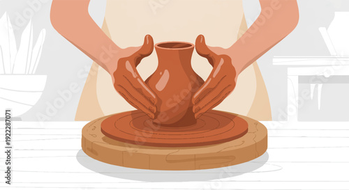 Person shaping clay vase on pottery wheel in studio ceramic art creation process
