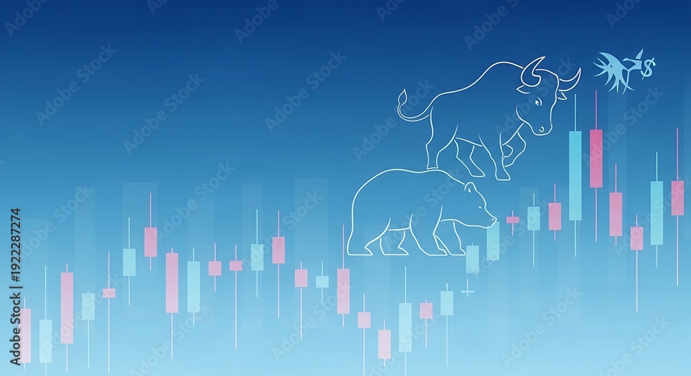 Obraz premium Bull and bear silhouettes on a blue gradient background with candlestick chart financial market