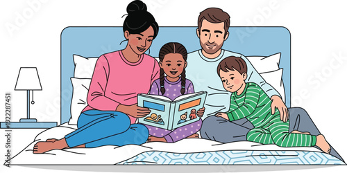 Family reading a bedtime story together in bed, cozy and loving moment illustration. Parents and children bonding over a book, flat vector illustration.