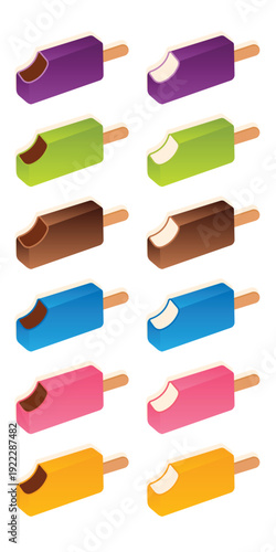 Set of ice cream icons with various flavors. Colorful ice cream background
