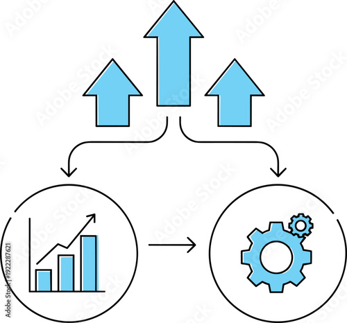 Business Growth Process Diagram with Upward Arrows, Analytics Chart and Gear Icon Representing Strategy and Operational Improvement Vector Illustration