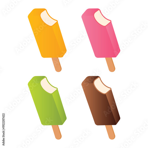 Set of ice cream icons with various flavors. Colorful ice cream background