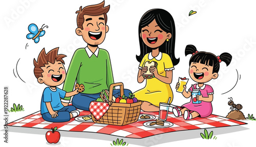 Happy family enjoying a picnic outdoors on a sunny day, cartoon vector illustration for lifestyle, leisure, and family time concepts, isolated on white background.