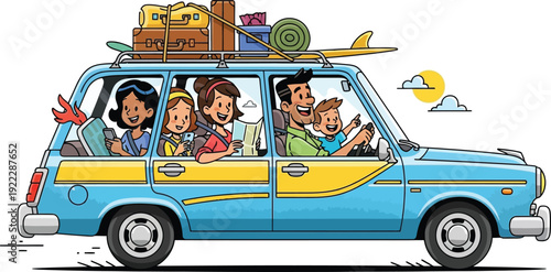 Cheerful family road trip vacation adventure in a cartoon car with luggage and surfboard on the roof, flat vector illustration for travel and holiday concepts.