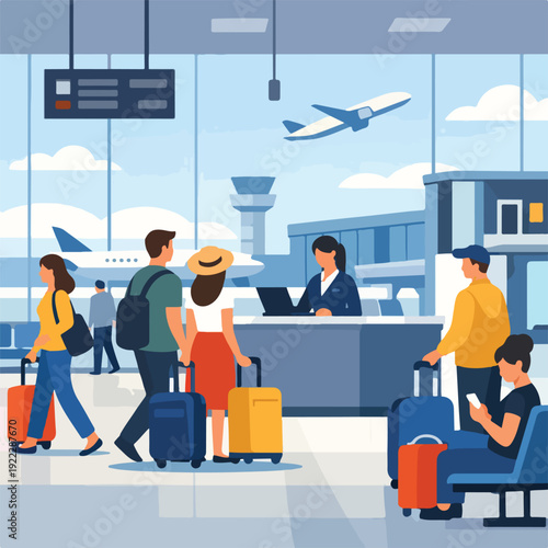 Airport Departure Hall Scene Flat Vector Illustration featuring Terminal Interior with Passengers and Flight Information Board for Aviation Travel Design
