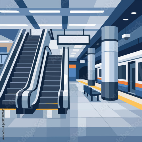 Modern Metro Station Interior Flat Vector Illustration featuring Contemporary Underground Architecture for Urban Subway Transit and City Infrastructure Design