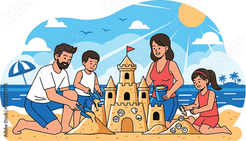 Family building sandcastle on beach during summer vacation, enjoying leisure time together. Flat design vector illustration for travel and family concepts.
