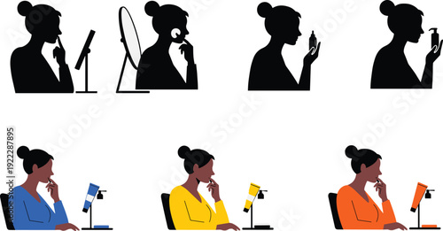 Woman applying makeup with different colored outfits and lighting setups mirror lamp