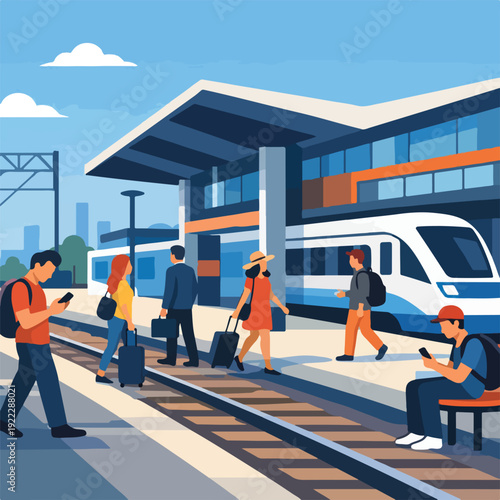 Passenger Train Arrival Station Flat Vector Illustration featuring Locomotive at Platform for Railway Transportation and Urban Commuter Travel Design