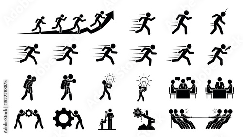 Collection of business and success icons depicting teamwork, progress, and innovation.