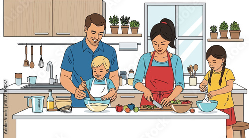 Happy family cooking together in kitchen flat vector illustration. Parents and children preparing healthy food, bonding activity, lifestyle concept vector illustration.