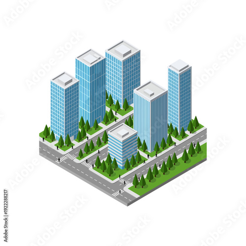 Isometric city block with modern buildings and green trees.