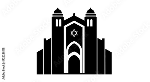 Stylized illustration of a traditional synagogue facade with iconic architectural elements and a prominent Star of David symbol, representing faith and community
