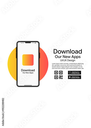 Professional UI UX design featuring a smartphone mockup with QR codes and store buttons for application promotion and digital marketing.