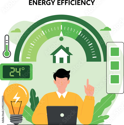 Energy Efficiency Concept with Smart Home Gauge, Temperature Control Display and Man Using Laptop for Sustainable Power Management Vector Illustration